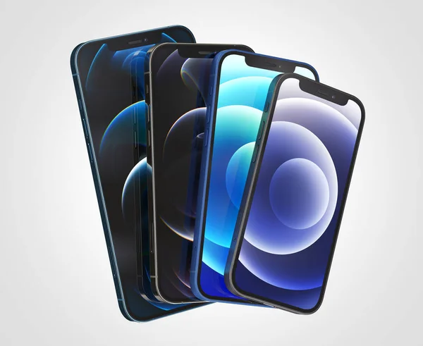 İphone 12, 12 Mini, 12 Pro ve 12 Max akıllı telefonu beyaz arkaplanda. Son model Apple Mobile iPhone. İllüstrasyon Editörü.