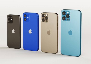 İphone 12, 12 Mini, 12 Pro ve 12 Max akıllı telefonu beyaz arkaplanda. Son model Apple Mobile iPhone. İllüstrasyon Editörü.