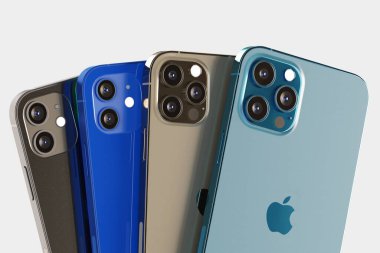 İphone 12, 12 Mini, 12 Pro ve 12 Max akıllı telefonu beyaz arkaplanda. Son model Apple Mobile iPhone. İllüstrasyon Editörü.