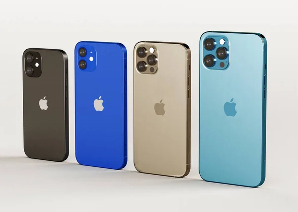 ITALIA-01 NOVIEMBRE 2020: Iphone 12, 12 Mini, 12 Pro y 12 Max smartphones sobre fondo blanco. El último modelo de iPhone móvil de Apple. Editorial ilustrativo. —  Fotos de Stock