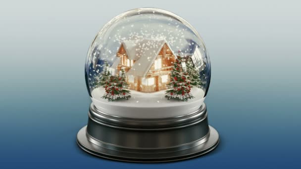 A Snow Globe gyönyörű ház modell és karácsonyfa benne. 3d renderelés animáció eső hó. — Stock videók