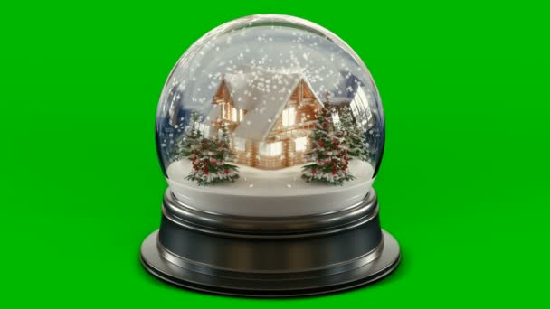 The Snow Globe with beautiful house model and Christmas tree inside it. Green screen 3d rendering animation of falling snow. — Stock Video