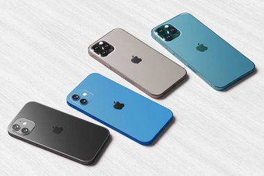 İphone 12, 12 Mini, 12 Pro ve 12 Max akıllı telefonu beyaz arkaplanda. Son model Apple Mobile iPhone. İllüstrasyon Editörü.