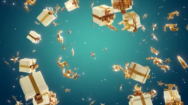 圣诞节的背景三个不同的背景与绿色屏幕。2021年新的一年。节日背景。金色的圣诞礼物，金色的星星和玩具在太空中飘扬。4K专业3D动画. — 图库视频影像