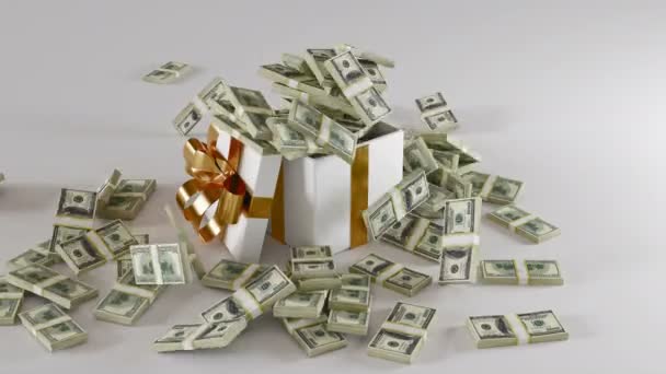 Подарочная коробка с ленточкой лук и стопка денег, веселые чирмы и счастливого нового года. Концепция богатства. 4K 3d рендеринг CGI анимация — стоковое видео