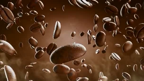 Roasted coffee beans with coffee dust falling down in front of dark and green screen background. Slow motion 4K 3d animation. — 图库视频影像