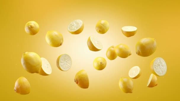 Voando de limão e fatias em fundo amarelo. Acelerar e cair limões com tela verde. Animação 4K 3d de câmera lenta profissional. — Vídeo de Stock