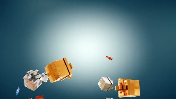 4K Noel arkaplanı. 2 farklı hız ve yeşil ekran. Yeni yıl 2021. Şenlik arka planı. Altın Noel hediyeleri, altın yıldızlar ve uzayda hareket eden oyuncaklar. Profesyonel 4K 3D animasyon. — Stok video