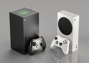 ITALY - 27 Aralık 2020: yeni video oyun konsolları: Beyaz Xbox Serisi S ve Siyah Xbox Serisi X