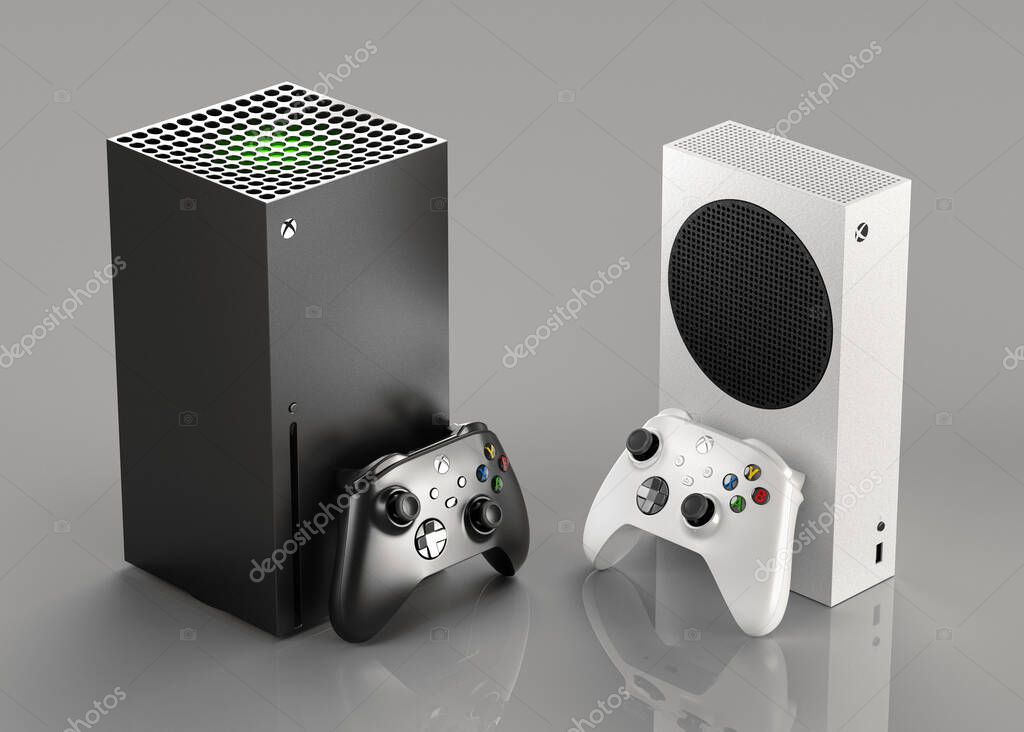 ITALY - 27 DECEMBER, 2020: new video game consoles: White Xbox Series S and Black Xbox Series X.