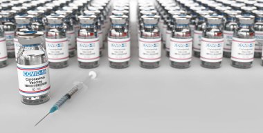 Covid 19 Corona Virüs Aşısı ilaç şişeleri şırınga enjeksiyonu. SARS-CoV-2 aşısı, aşılama, Covid 19 Corona Virüsü enfeksiyonunu tedavi etmek için tedavi. Medikal 3d yorumlama kavramı.