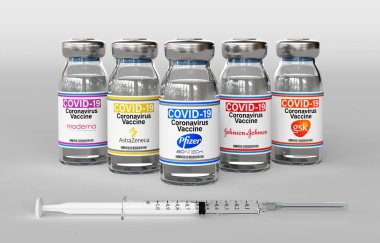 Milan, İtalya: 14 Aralık 2020: Pfizer, Moderna, AstraZeneca, Johnson, Gsk Inc logosu olan aşı tüpleri ve şırıngaları. Covid-19 virüs aşısı. 3d oluşturma