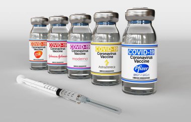 Milan, İtalya: 14 Aralık 2020: Pfizer, Moderna, AstraZeneca, Johnson, Gsk Inc logosu olan aşı tüpleri ve şırıngaları. Covid-19 virüs aşısı. 3d oluşturma
