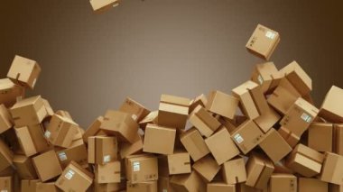 Karton kutuların düşüşü ve dönüşü. Düşen paketler. Lojistik ve perakende mal teslimatı ticari iş konsepti. Profesyonel ağır çekim 4K 3D animasyon.