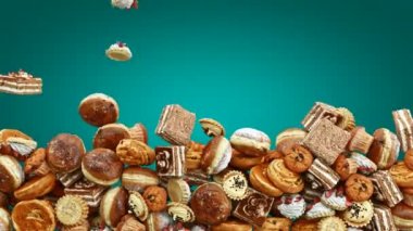 Farklı Tatlılardan Düşmek, Bisküviler, Donutlar ve Pastalar Teal 'in Arkaplanında. Tatlı yemek ya da ıvır zıvır yiyecek konsepti. Profesyonel Sinematik 4K 3D animasyon.