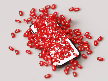 Smartphone 'daki sosyal medya etkileşimleri. İnternet dijital pazarlaması, sohbet, yorum, beğeni. 3d oluşturma