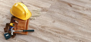 İnşaat malzemeleri, mimarinin planları, koruyucu eldivenler ve endüstriyel miğfer. Sancak 3d oluşturma