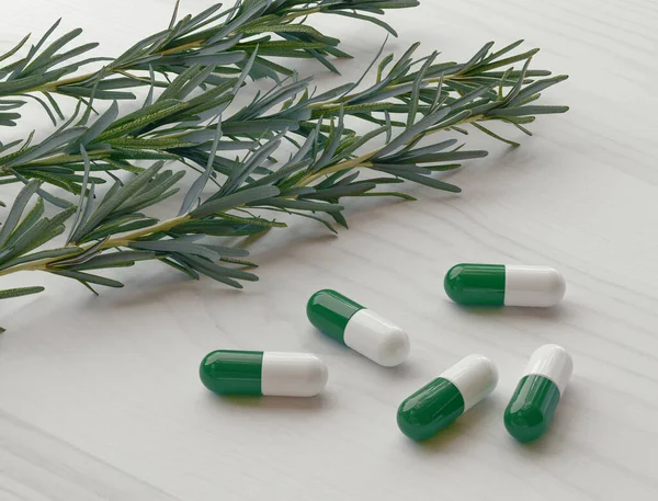 Romero o hierbas con suplementos y píldoras de hierbas medicinales alternativas. renderizado 3d — Foto de Stock