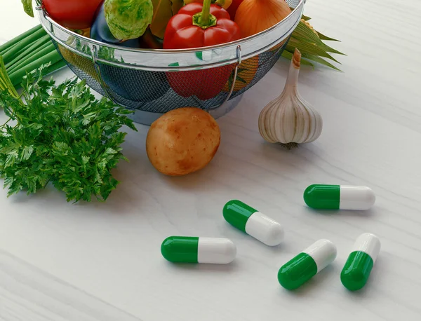 Συμπυκνωμένες κάψουλες Fiber με φρέσκο λαχανικών σαλάτα φόντο. Εννοιολογική φωτογραφία για να επιλέξετε ανάμεσα σε φυτικά φάρμακα ή πραγματικά λαχανικά για να υποστηρίξει Πεπτικό σύστημα. 3d απόδοση — Φωτογραφία Αρχείου