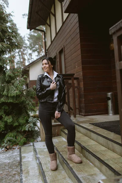 Brunette Leather Jacket Laughs Porch Brown Wooden House Forest — Stock Photo, Image