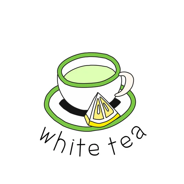 Handgezeichneter Schriftzug Weißer Tee Mit Grünen Blättern — Stockvektor