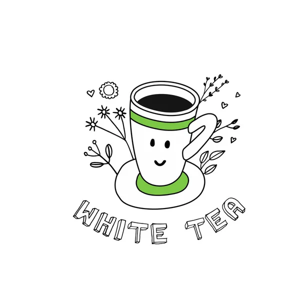 Χειροποίητα Γράμματα Λευκό Τσάι Πράσινα Φύλλα — Διανυσματικό Αρχείο