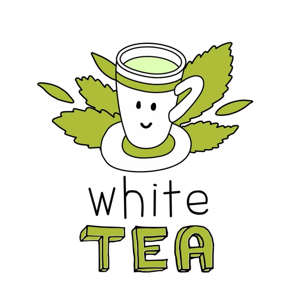Handgezeichneter Schriftzug Weißer Tee Mit Grünen Blättern — Stockvektor