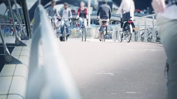 I turisti che attraversano un ponte in bicicletta — Video Stock