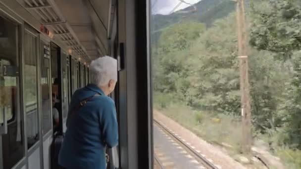 Velha viajando de trem — Vídeo de Stock
