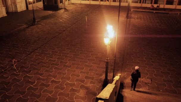 Mädchen läuft nachts auf der Straße — Stockvideo