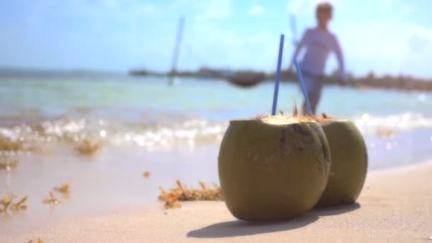 Kokosnötter på stranden vågor — Stockvideo