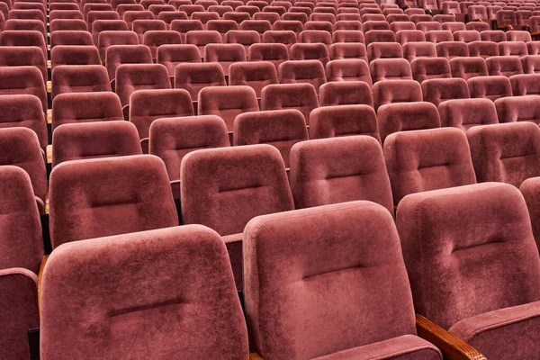 Rows of red cinema seats. View of empty theater hall. Comfort chairs in the modern theater interior. no people
