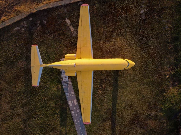 Aerial View Drone Small Old Jet Yellow Passenger Plane Standing — Stock Photo, Image