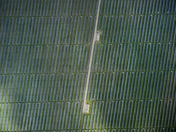 Vista Aérea Usina Energia Solar Prado Verde Dia Ensolarado — Fotografia de Stock