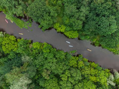 Bir yaz günü bir orman nehrinde seyahat eden büyük bir kano grubunun hava görüntüsü.