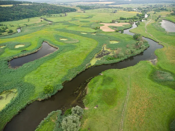 Aerial View River Which Green Forest Drone Photo — Stock Photo, Image