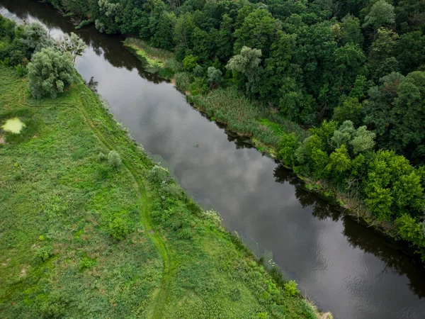 Vista Aerea Sul Fiume Che Trova Sulla Foresta Verde Drone — Foto Stock