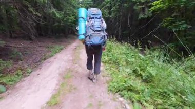 Yeşil ağaçlar ve bitkilerle çevrili büyük bir sırt çantası ve kamp malzemesiyle orman yolunda yürüyüş yapan bir kadının arka görüntüsü..