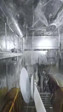 Bulaşık makinesinin içi su püskürterek bulaşıkları yıkıyordu. Sonra bir çocuk kapıyı açtı ve bir tabak almak için uzandı..