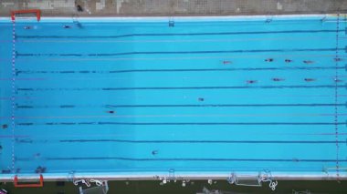 Yüzme havuzunun yukarıdan aşağı görüntüsü. Yüzücüler şeritler boyunca hareket ediyor. Mavi suyla temiz geometrik kompozisyon, spor, spor, spor, eğitim ve yaz tatili temaları için ideal.