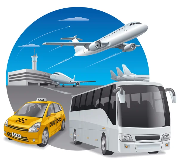 Coche y autobús en aeropuerto — Vector de stock