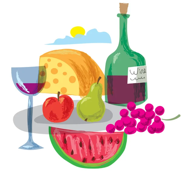 Dinner with fruits and wine — Stock Vector