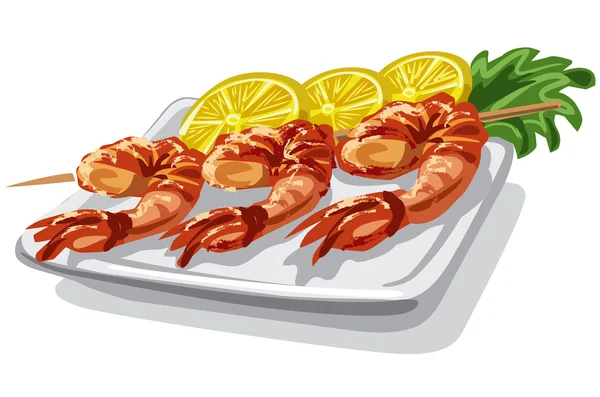 Camarones a la parrilla en pincho — Vector de stock