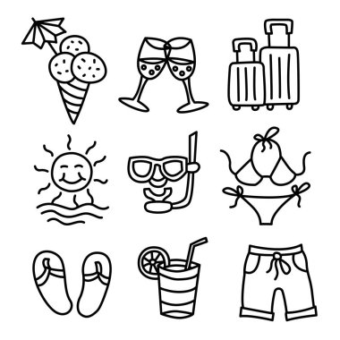 Plaj tatil beldesinin resmi siyah taslak simgeleri