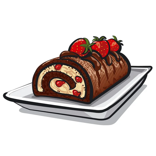Ρολό σοκολάτας κέικ με φράουλα — Διανυσματικό Αρχείο