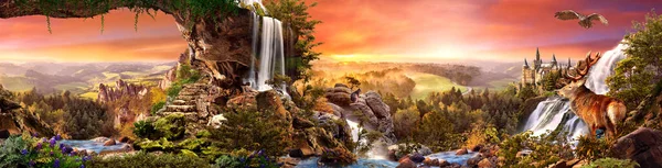 Вид Закат Горы Водопадами — стоковое фото