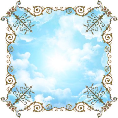 Dijital fresk, mavi gökyüzünde süsleri olan tavan.