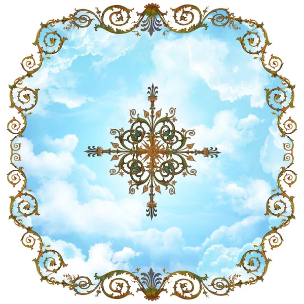 Fresco Digital Teto Com Ornamentos Céu Azul — Fotografia de Stock