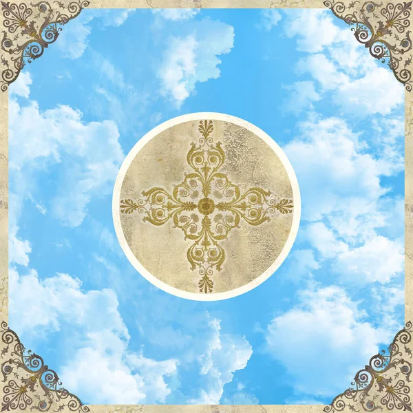 Affresco Digitale Soffitto Con Ornamenti Sul Cielo Blu — Foto Stock
