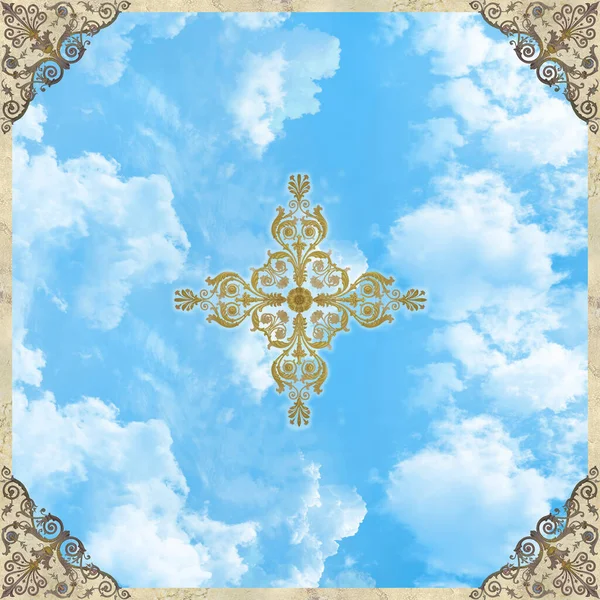 Affresco Digitale Soffitto Con Ornamenti Sul Cielo Blu — Foto Stock